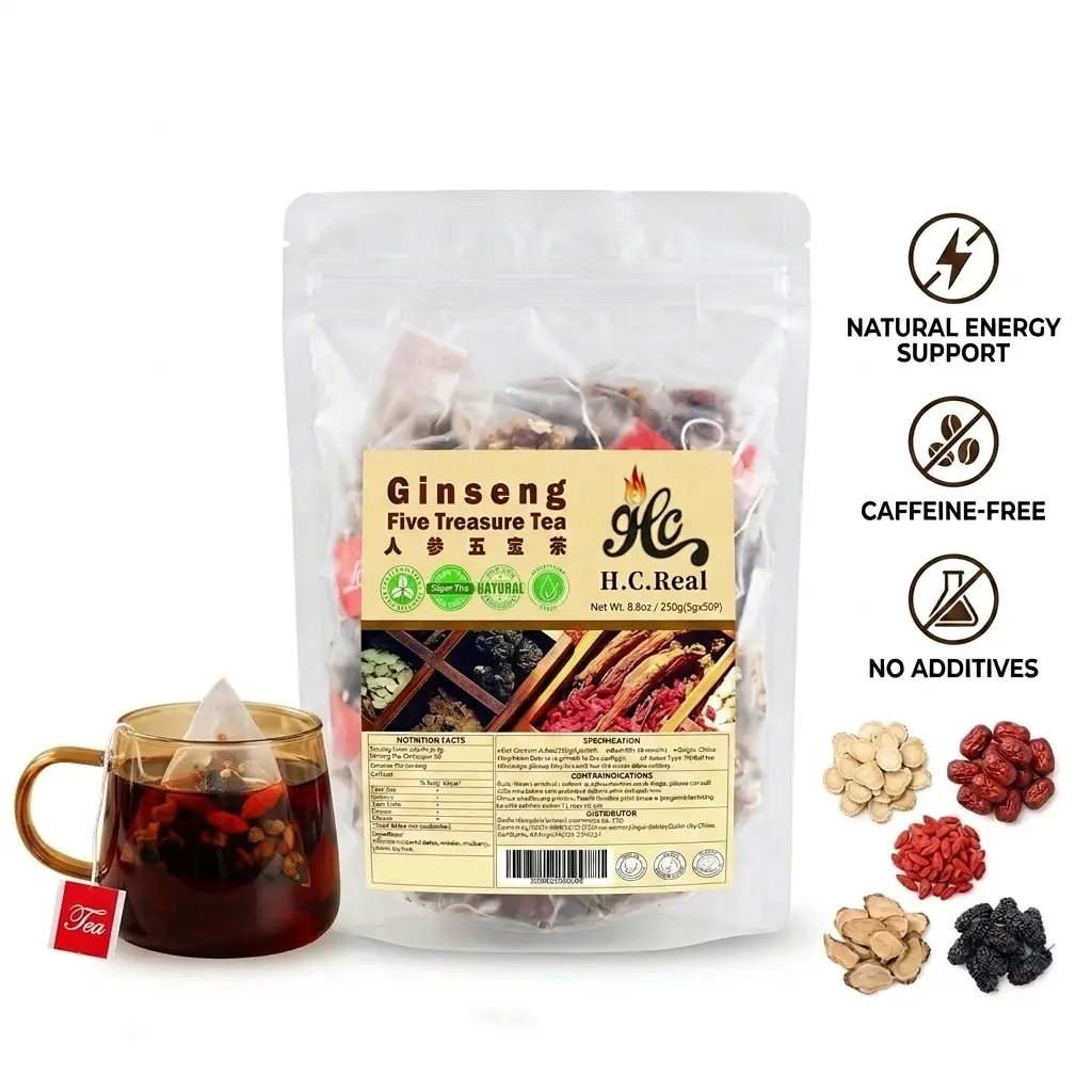 Organic Ginseng 5 Treasure Herbal Tea Bags - Immune Support, Natural Remedies, 50-Cup Infusion Fruit & Herbal Tea for Adults, Kidney Cleanse Beverage for Adults