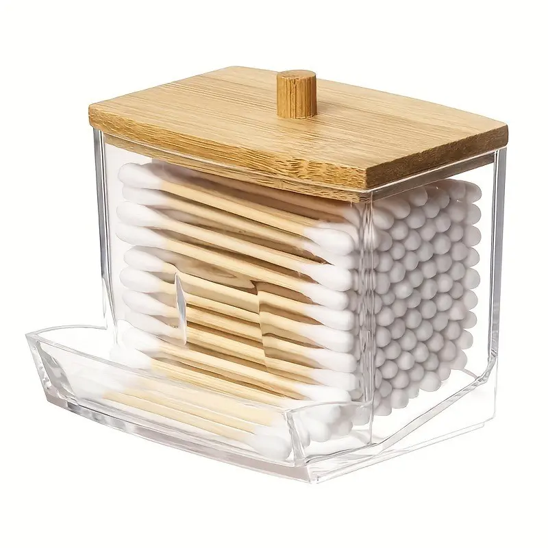 7 OZ Cotton Swab Pads Holder, Qtip Cotton Ball Dispenser, Storage Organizer, Bathroom Containers Apothecary Jar for Storage Wood Lids 1 Pcs