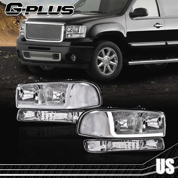 G-PLUS Headlights for 1999-2007 GMC Sierra/Yukon LED DRL Clear Chrome Headlights+Bumper Lamps,car accessories
