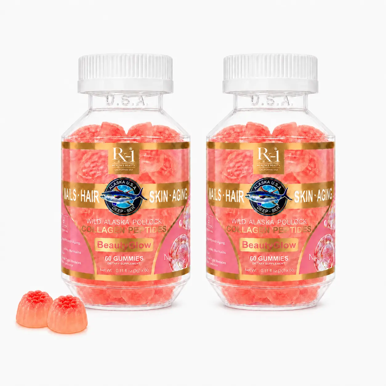 Rx-1 Biotin Gummies for Hair Growth , Skin & Nails Gummies with Wild Alaska Pollock Collagen Peptides, 3,332 mcg Biotin, Vitamins A, C & E, 60 Count, 30-Day Supply