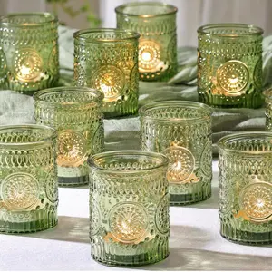 24pcs Green Votive Candle Holders for Wedding, Glass Tea Lights Candle Holder, Green Baby Shower Christmas Party Table Decor, Vintage Green Depression Glass Candle Holders for Table Centerpiece