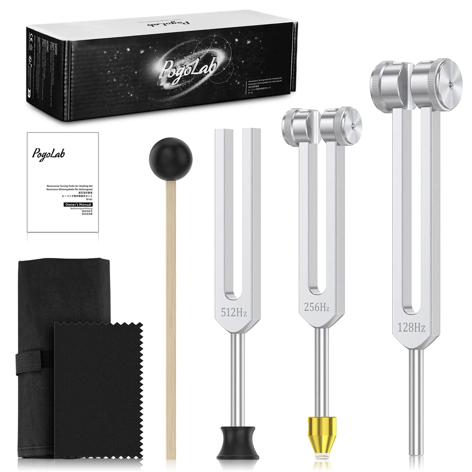 POGOLAB Resonance Sound Healing Tuning Fork Set Tuning Forks for Healing Set (128Hz, 256Hz, 512Hz), with Percussion Hammer Mallet, Crystal Base & Storage Pouch, Sound Therapy Instrument for Chakra/Yoga/Meditation