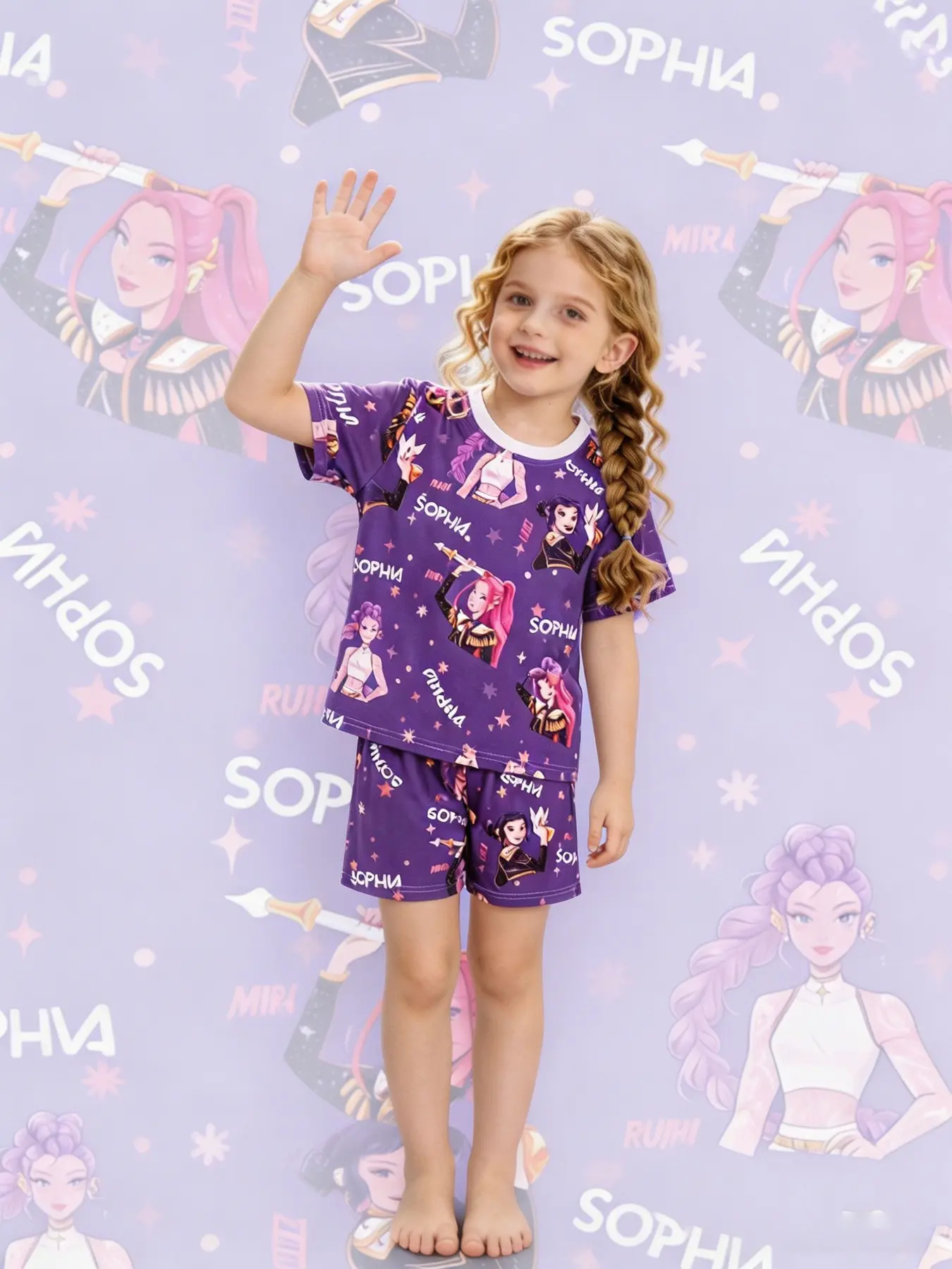 2-piece set of children's purple sole kpop girl snowflake wave dot pattern printed short sleeved shorts, Cartoon Pattern Pajamas, soft and comfortable round neck design elastic waistband home daily casual children's pajamas set