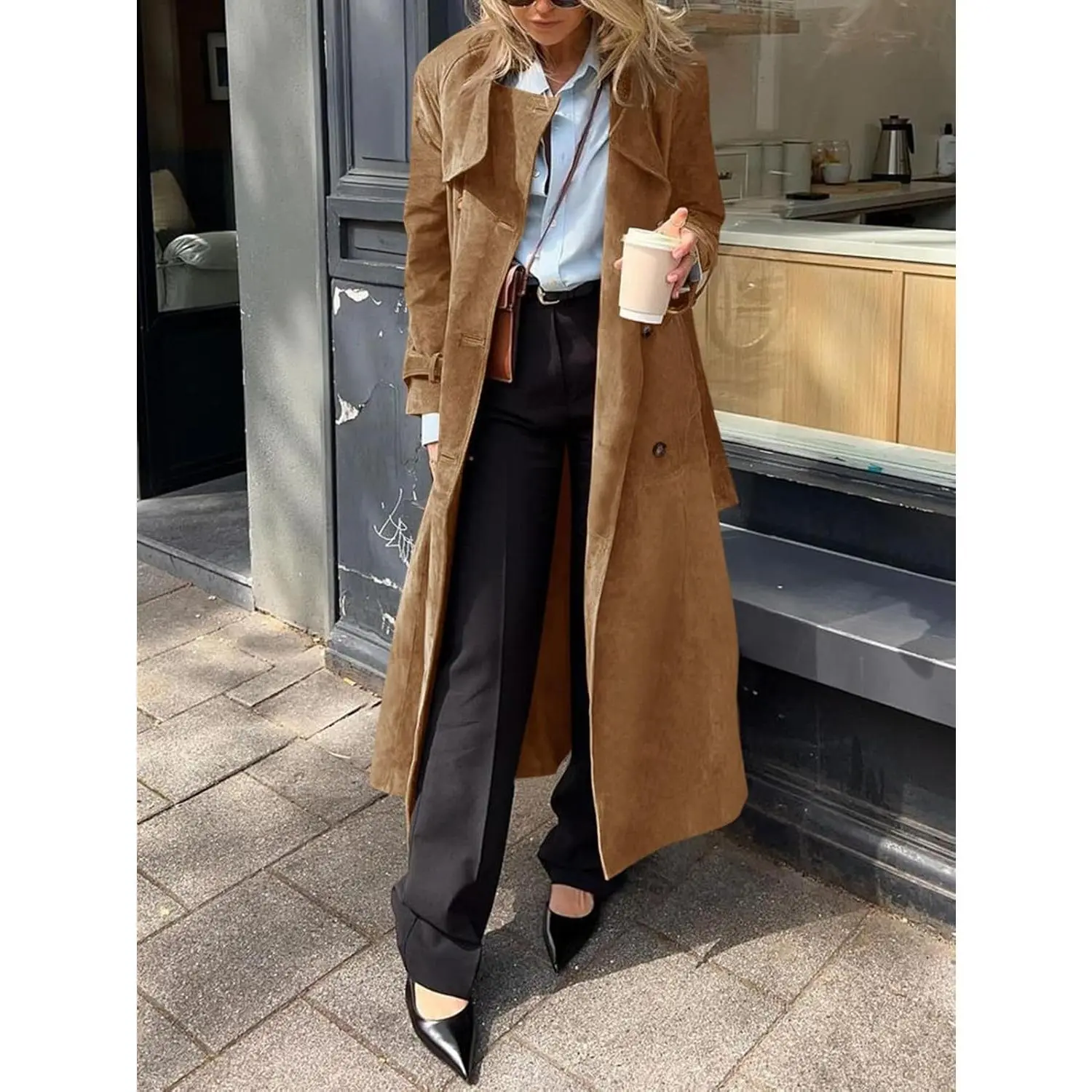 Imily Bela Womens Long Trench Coat Fall Faux Suede Jackets Double