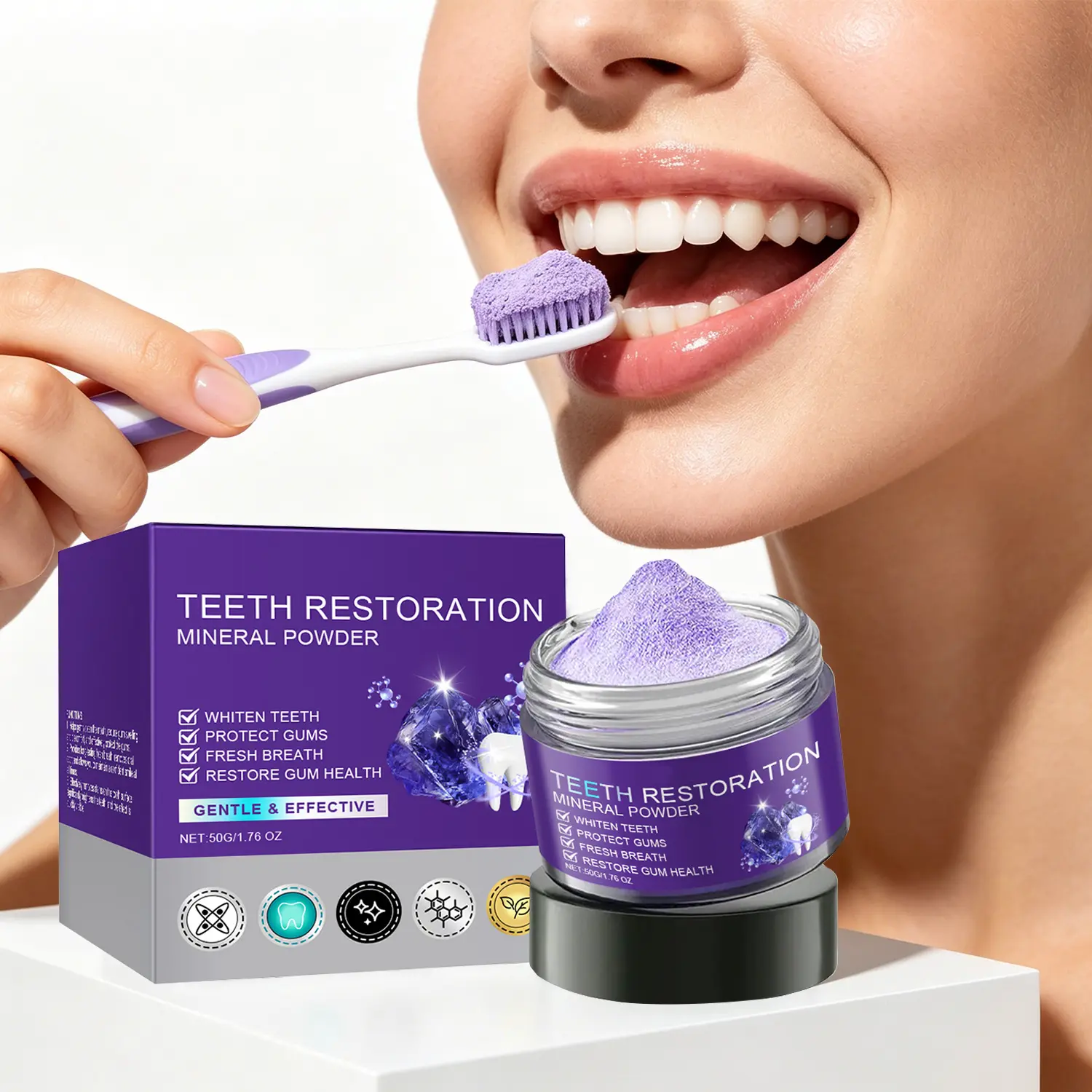 Purple Teeth Color Corrector Tooth Powder Deep Clean Stain Removal Brightening Daily Oral Hygiene Enamel Safe Dental Care for Yellow Teeth 50g