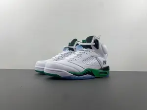 White Leather with Green Shark Tooth Pattern and Translucent Ice Blue Outsole Retro High-Top Basketball Shoes