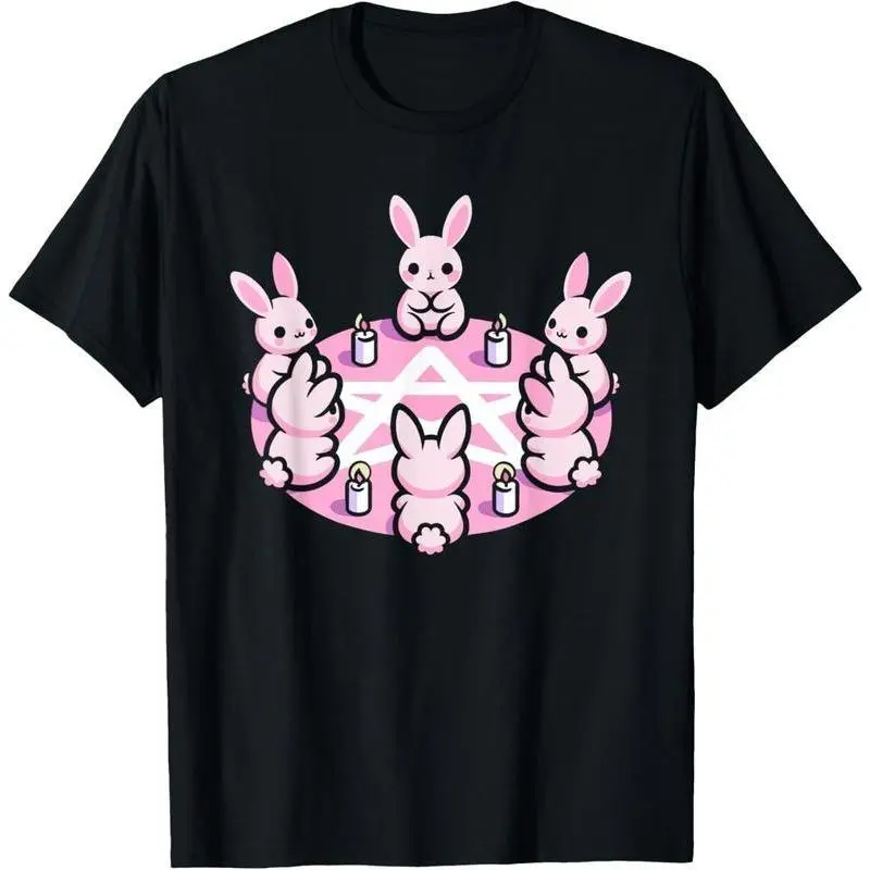 100% Cotton Bunny Rabbit Pink Pentacle Pentagram Pastel Goth Dark Humor T-Shirt Menswear Top graphic tee