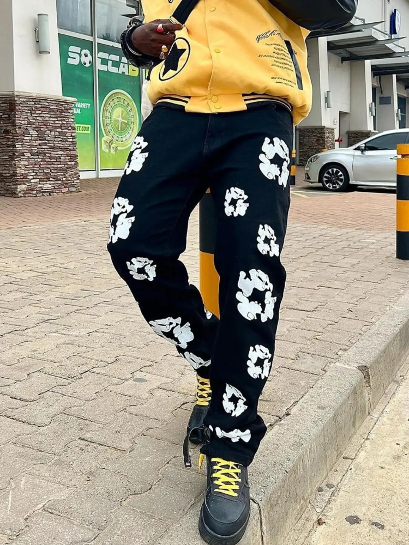 Men's Fashionable Streetwear Printed Floral Washed Denim Clothing High Rise Jeans, Casual All Season Versatile Jeans, Stylish and Comfortable Everyday Wear Pants