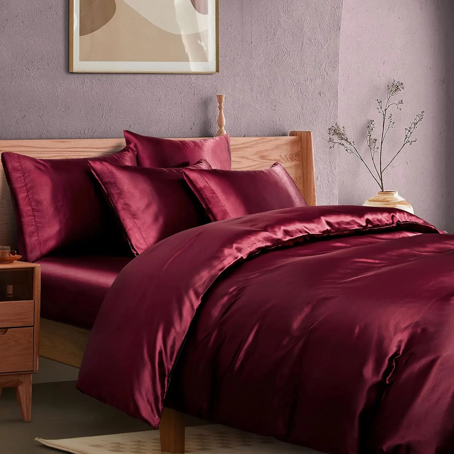 Maroon Satin 6-Piece Bedding Set - Machine Washable Duvet Cover, Cooling Fitted Sheet, Pillowcases, Machine Washable Duvet, Soft as Silk, Soothes Wrinkles, Press Water Out and Dry, Use Low Temperatures When Drying