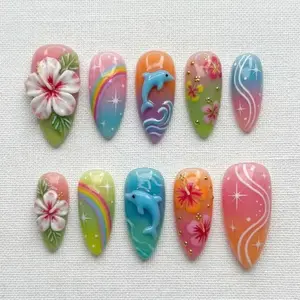 Tropical Hibiscus Dolphin Press-On Nails, Glossy Y2K Summer Almond Nails, 3D Reusable Gel Nail Art Set