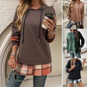 Women's Vintage Oversized Hoodie with Plaid Patchwork Stylish Y2k Clothing Streetwear Round Neck Hooded Long Sleeve Sweatshirts Brown Knitted Polyester Pullover