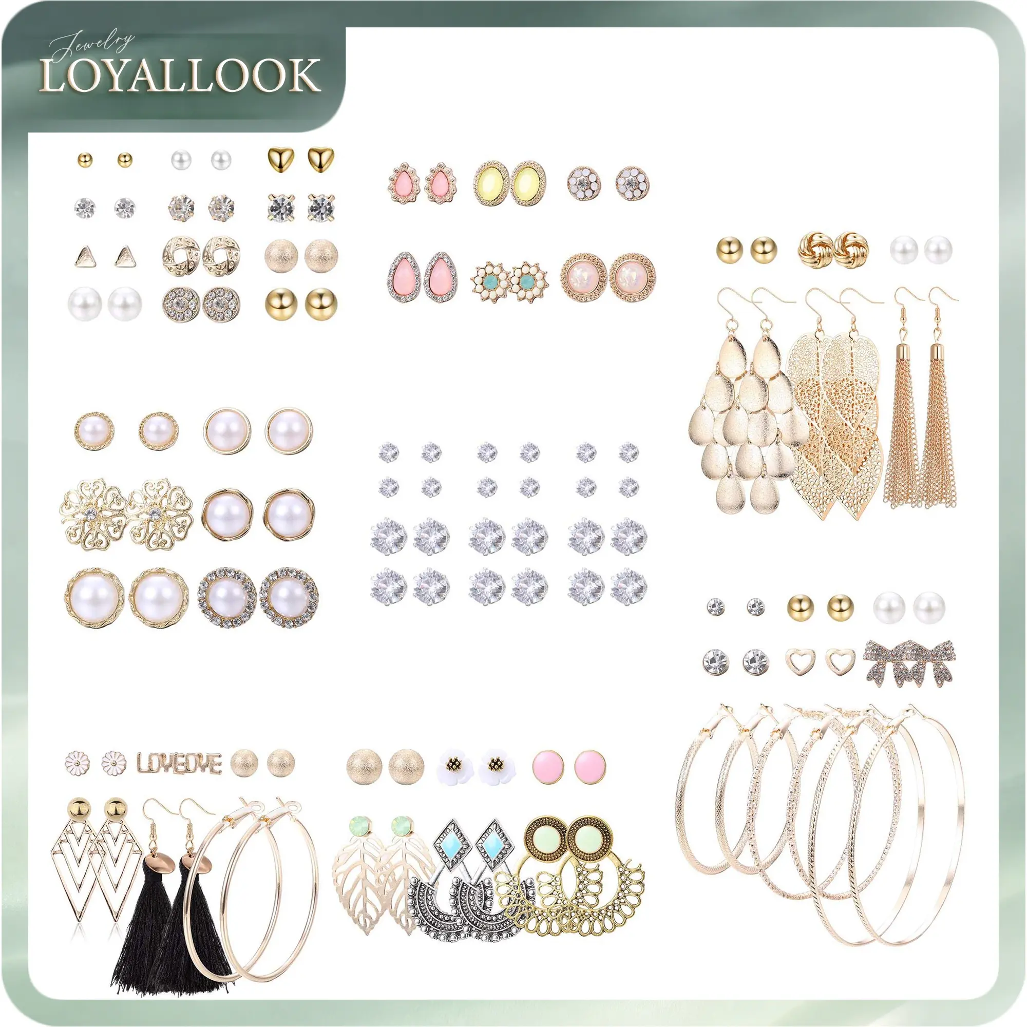 LOYALLOOK 61-63 Pairs Assorted Multiple Stud Earrings for Women Simple Cute Flower Big Hoop Earrings Moon Geometric Leaf Arrow Bow CZ Ball Heart Faux Pearl Earrings Set