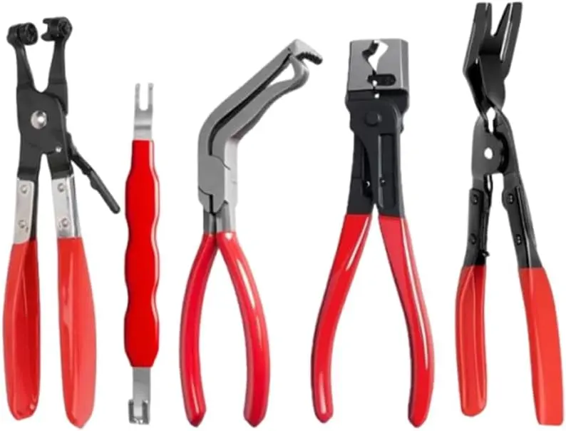 5-Piece Carbon Steel Automotive Repair Pliers Kit with Ergo Grip for Car Repair, Home Garages - 60° Angled Connector Separator, Hose Clamp Tool, Trim Clip Remover, Plug Release, Wire Terminal Remover