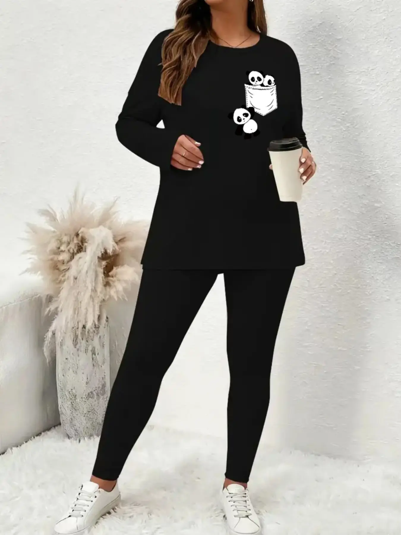 Women's Fall Winter Fitted Plus Size Long Sleeve Casual Panda Print Two-Piece Set, Elegant Creative Cute Pocket Pants