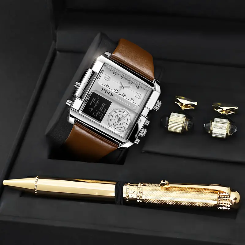 FEICE Men's 50mm Oversized Square-Dial Watch with Calfskin Leather Strap, Luminous Triple-Movement Digital Quartz, Water-Resistant - Mens Gift, Mens Gifts, Dad Gift