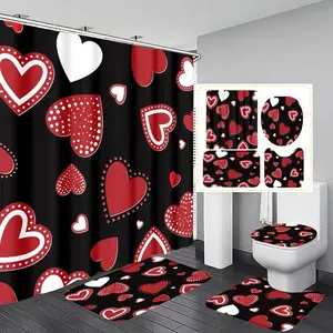 1/4-piece Valentine's Day heart-themed shower curtain set, Bathroom shower equipment, includes a non-slip mat, U-shaped rug, and toilet seat cover. Comes with 12 shower curtain hooks