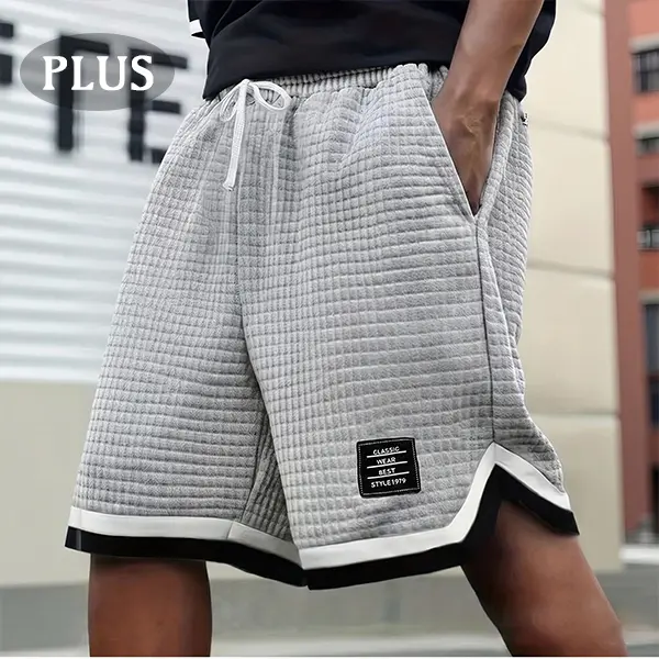 Men’s Plus-Size Knitted Waffle Shorts, Menswear Bottoms with Elastic Drawstring Waist, Stretchy Breathable Soft Fabric, Plain Gray Easy-to-Match, Summer Casual Wear, Plussize, Neutral-Colored Men's Shorts, Larger Men's Shorts Grey