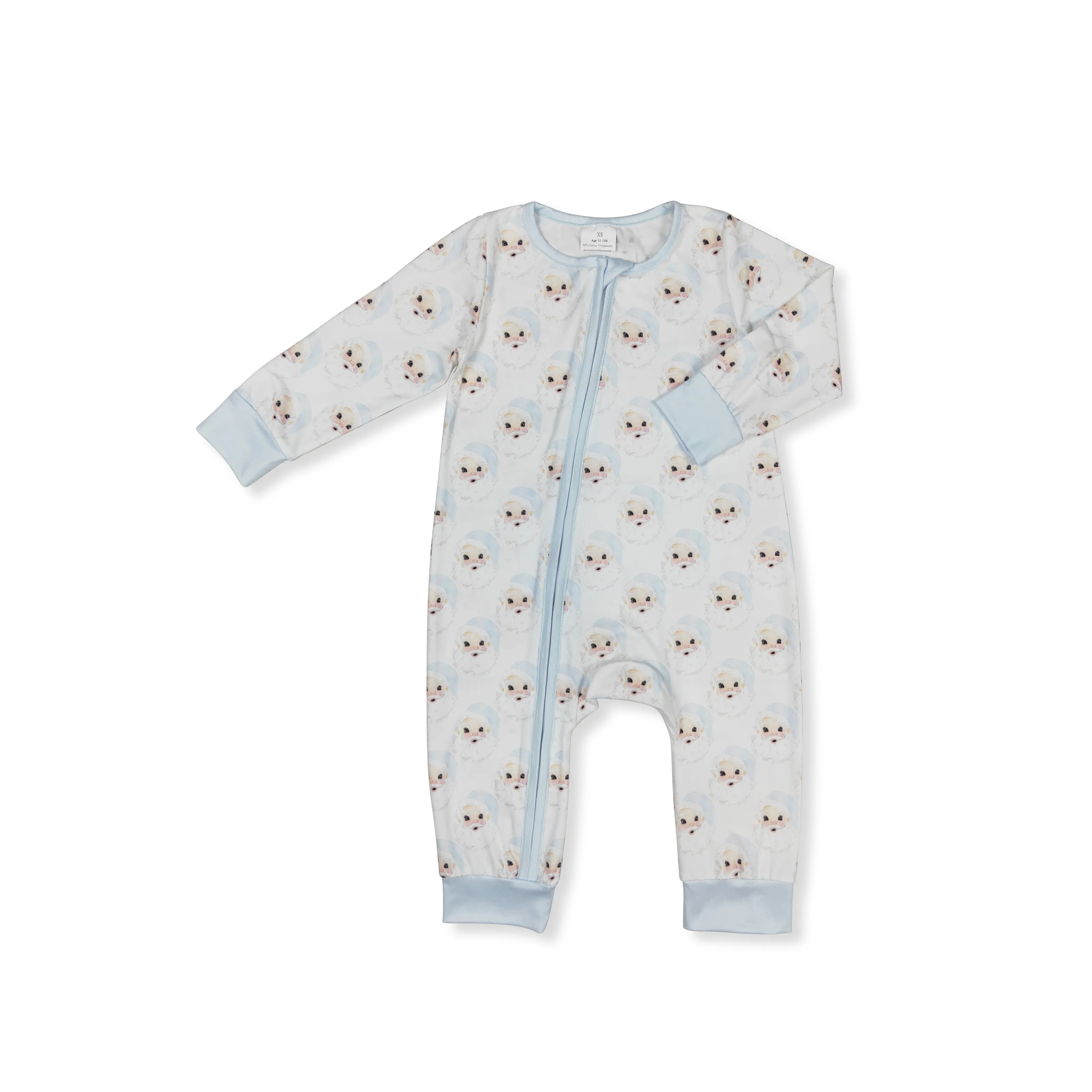 Baby Christmas Blue Santa Print Long-Sleeve Onesie Bodysuit, Infant Jumpsuit, Toddler Onesie