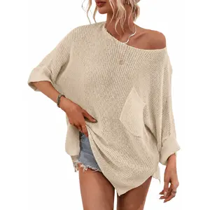 Chouyatou Women's Spring Oversized Short Sleeve Crochet Sweater Top Beach Summer T-Shirt holiday clothes