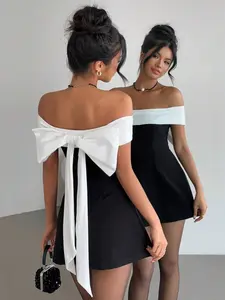 Valentine's Day Off Shoulder Black & White Bowknot Dress, Fairycore,Graduation,Graduation Dresses For Women,Back To School Dress,Summer Dress,Elegant Dresses For Party,Weddings & Events,Elegant Ceremony Dresses