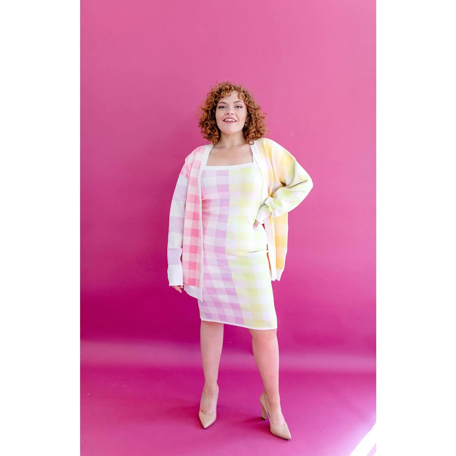 TABY ORIGINAL: Sweet Gingham Dress Cardigan Set IN SIZES XS-5X**