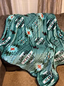 Native Sunset Dark Green Aztec Full 60"x 80" Oversized Throw Single Layer Soft Plush