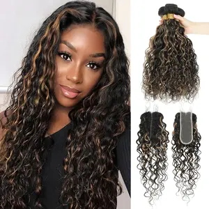 ALHER 12A Ombre Human Hair 3 Bundles With 2x6/4x4/5x5 Closure Water Wave 100% Remy Hair #F1B/27 Black and Blonde Highlight Wet n Wavy Curly 1/3 Bundles(1/3 Bundles, 3 Bundles with 2x6/4x4/5x5 Closure,Optional）