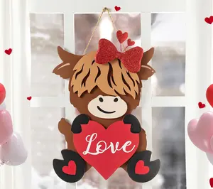 Glitzhome 18"H Valentine's Highland Cow with Heart Door Hanger