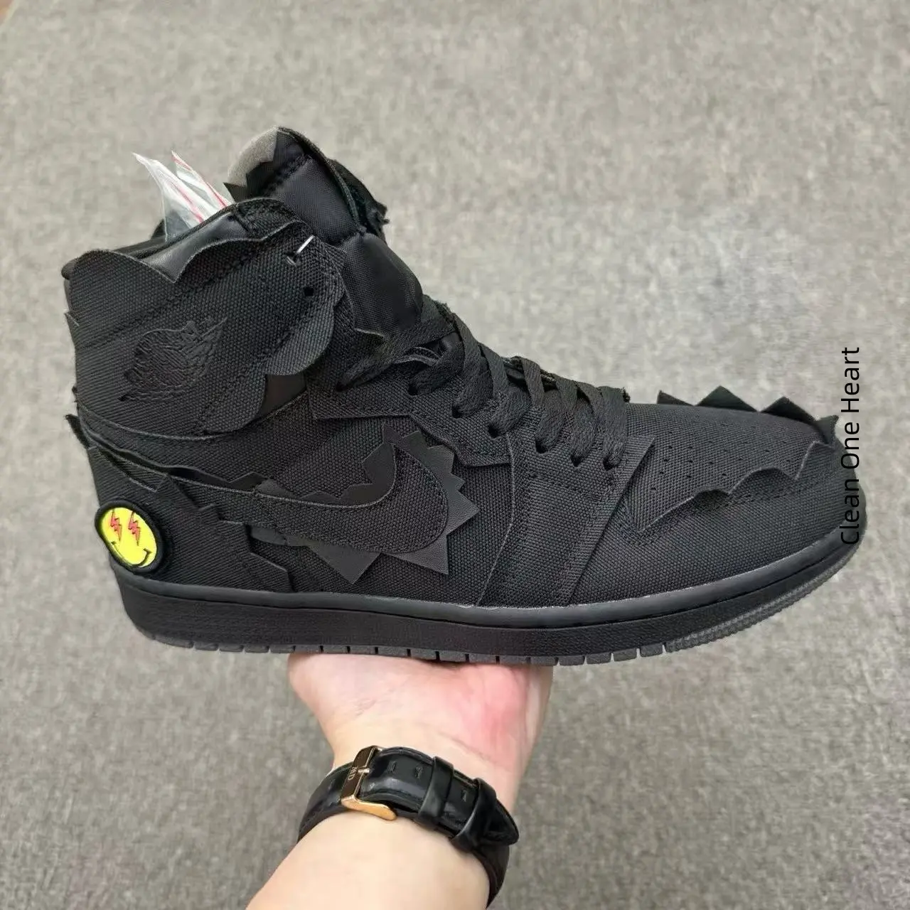 Men Dark‑Style Hip‑Hop High‑Top Casual Basketball Sneakers, All‑Black Canvas Mesh Deconstructed Sawtooth Spliced Footwear, Unique Patch Decor Designer‑Look Thick‑Sole Trendy Shoes, Street Subculture Outfit Party Wear High‑Top Shoes For Men