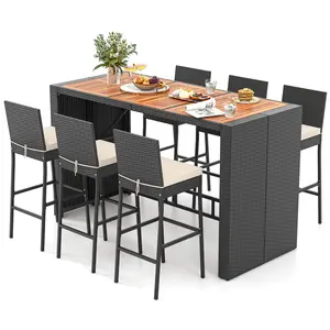 COSTWAY - 7 Pieces Patio Rattan Bar Set with Seat Cushions for Porch Yard Garden