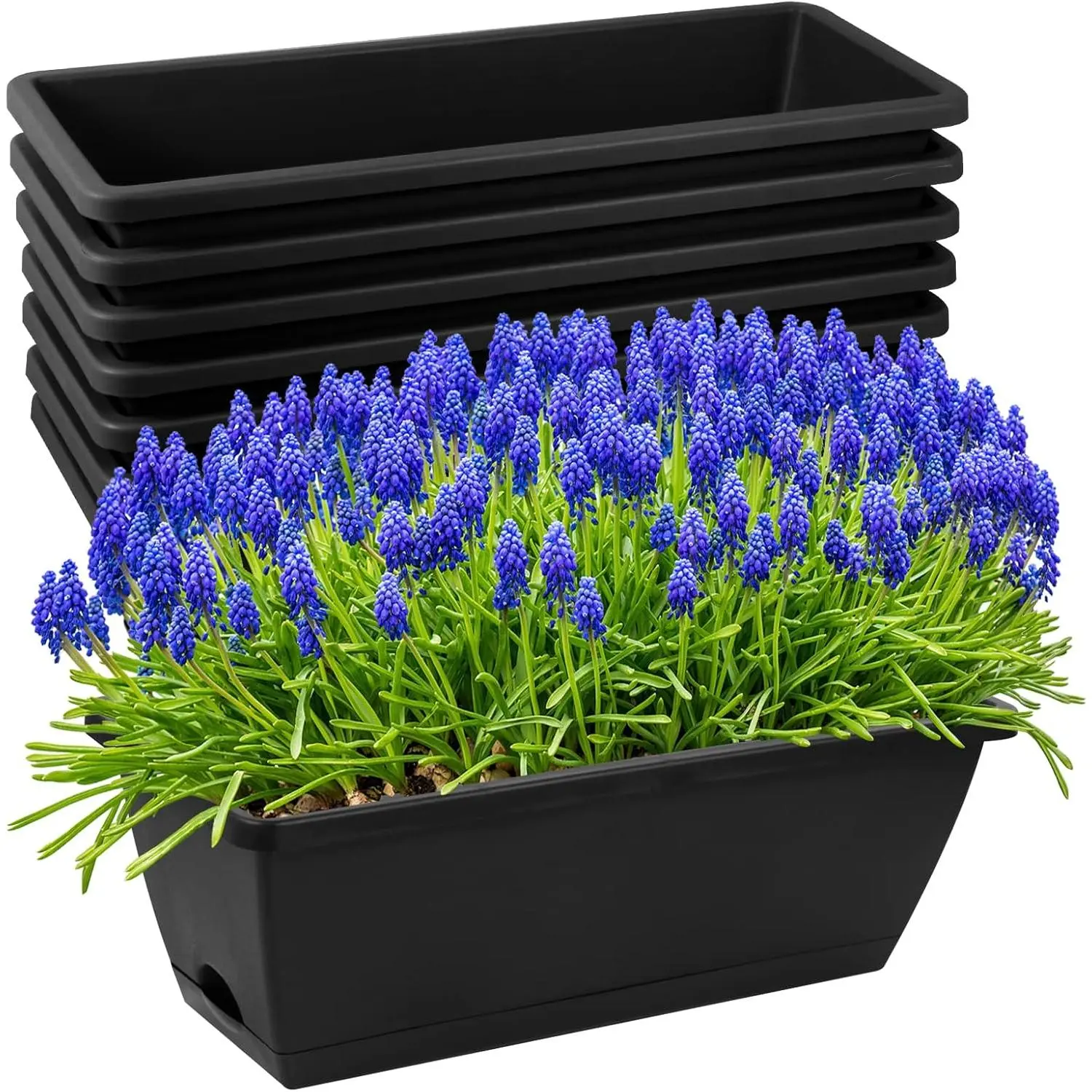 8 count Window Box Planter,17 Inches Flower Window Boxes,Rectangle Planters Box with Drainage Holes and Trays, Plastic Vegetable Planters for Windowsill Patio Garden  Decor Porch Yard (Black)