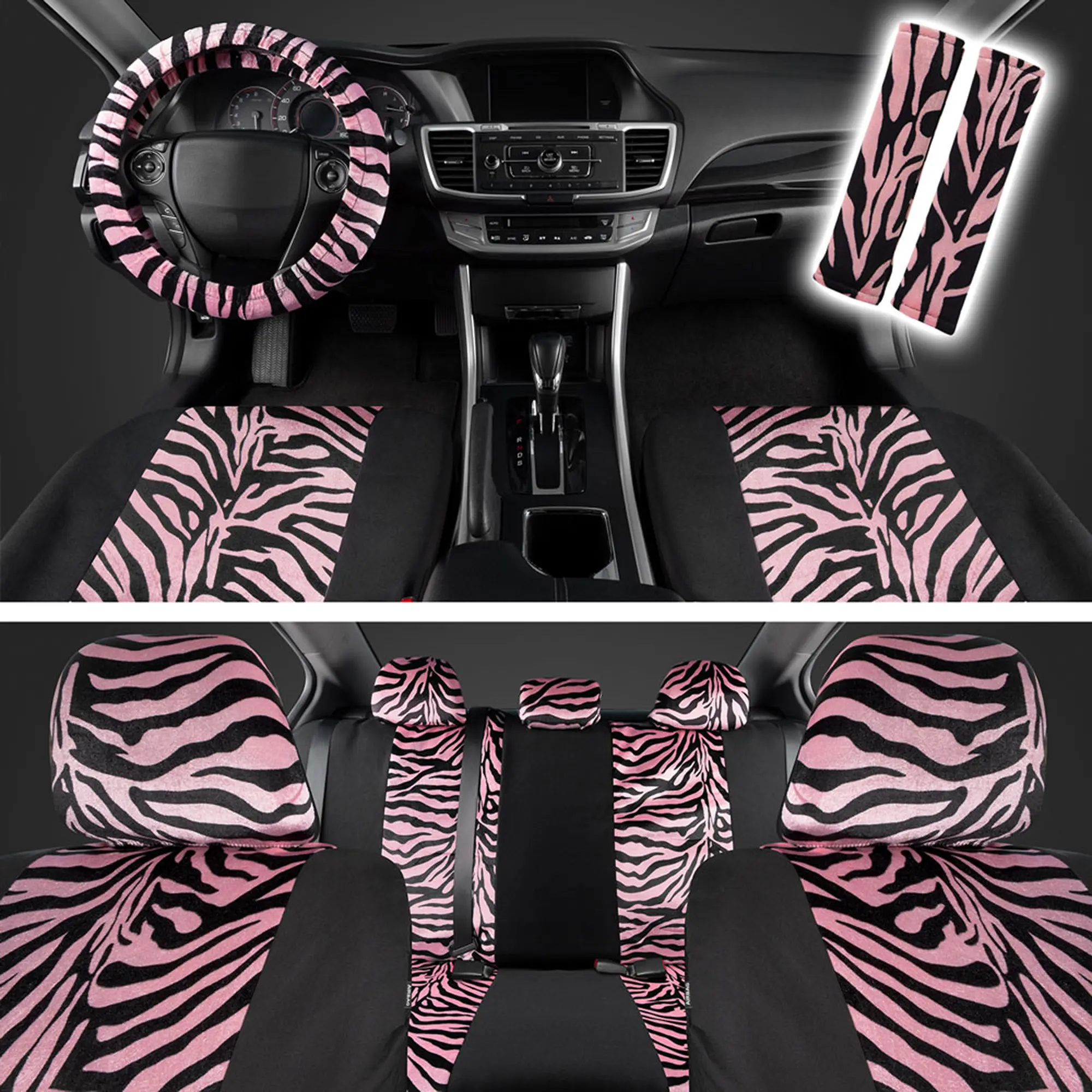 Zebra Seat Cover 9pcs Pink Stylish Two-Tone Design Protects Against Stains Breathable Materials Easy Install Universal Fit for Cars Trucks Vans SUVs Car Accessories Seat Protectors Cushion