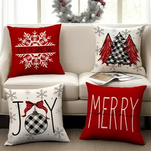 4pcs Retro Red Christmas Pillow Cover, 18x18 inches, Christmas Tree Snowflake Pattern Pillow Cover, Bow Christmas Ball Printed Cushion Cover, Farmhouse Winter Festival Decoration Home Sofa Cushion Cover, Christmas Decoration (without Pillow Core)
