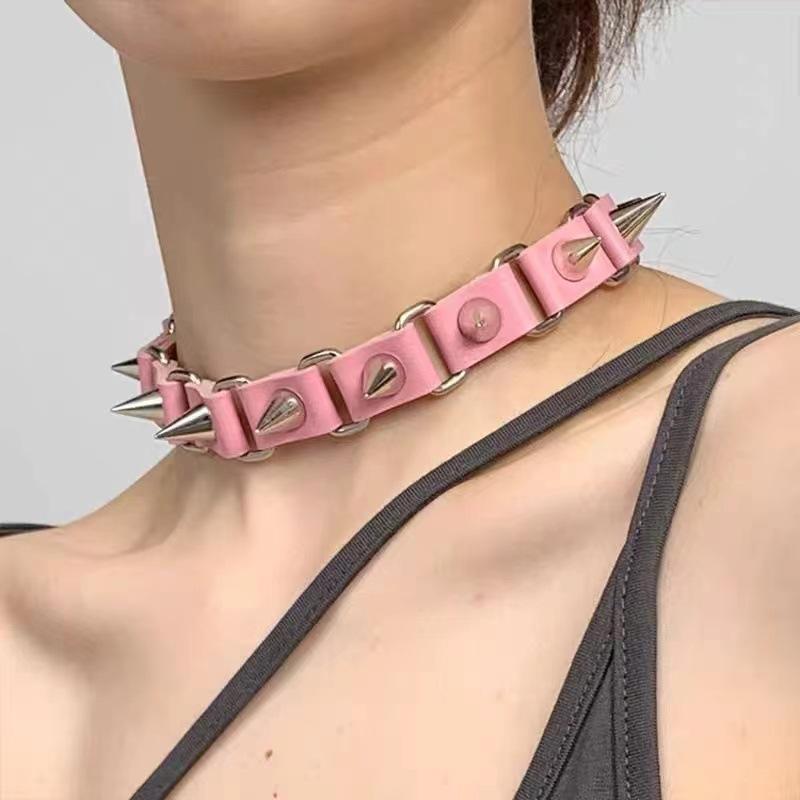 Abby Rock and Roll Punk Style Collar, Adjustable Length, Pink, White Rivets Detail, Couple Style Accessory, Gift for Girlfriend
