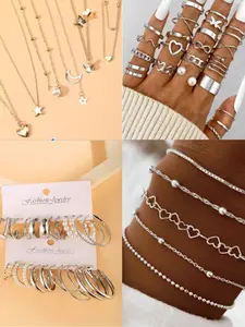 54-Piece Fashion for Women, Silver Color Earrings Necklace Bracelet Ring, Elegant Daily Wear Accessories, Fashionable Jewelry Set