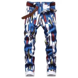 Slim Fit Mens Printed Jeans - Skinny Stretch Denim Pants for Men Menswear Trouser