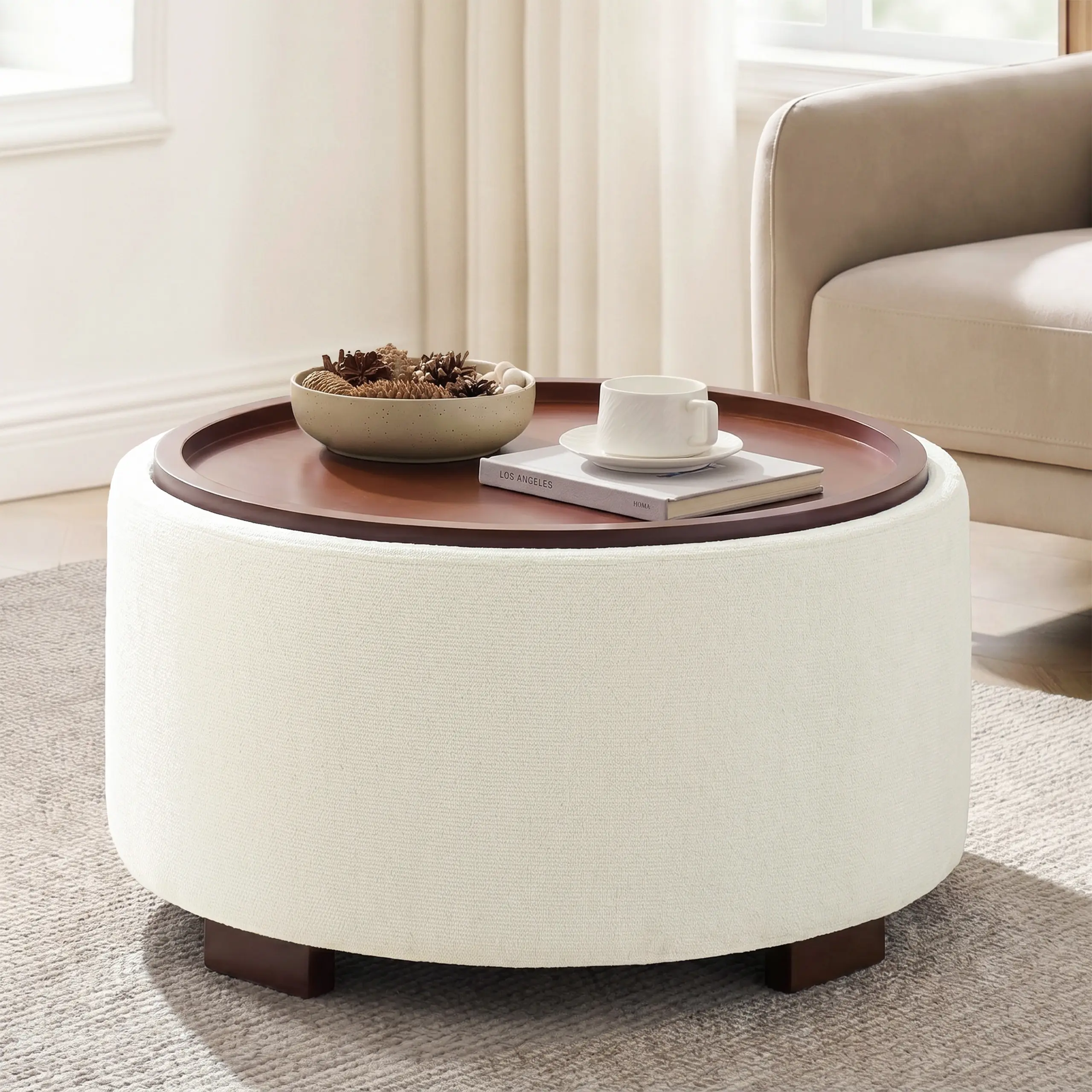 29.1 Inch Round Storage Ottoman Coffee Table, Boucle Ottoman with Removable Lid Top and Solid Wood Legs, Round Ottoman with Storage for Living Room, Bedroom, Corners, Beige