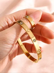 Women's Titanium Steel Bracelet Set, Trendy Stack Bangle, Rhinestone Embellished Design, Durable Stainless Steel Jewelry, Perfect Gift for Her, Stackable Bracelet, Rhinestone Decorated Bangle