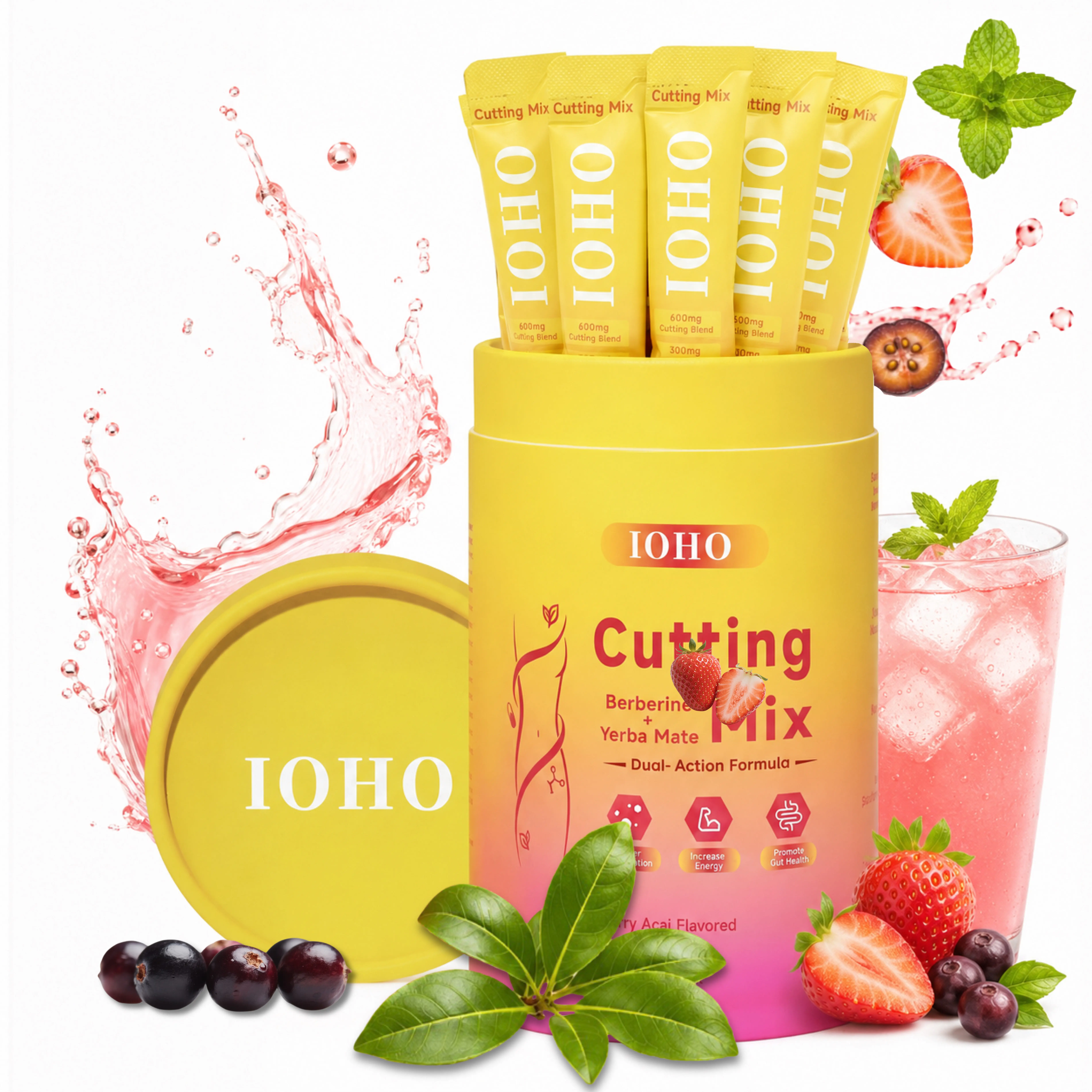 IOHO Cutting Mix Berberine Dietary Supplement Powder - Natural Strawberry Açaí Flavor - Healthcare Support - 30 Servings, Berberine Supplement