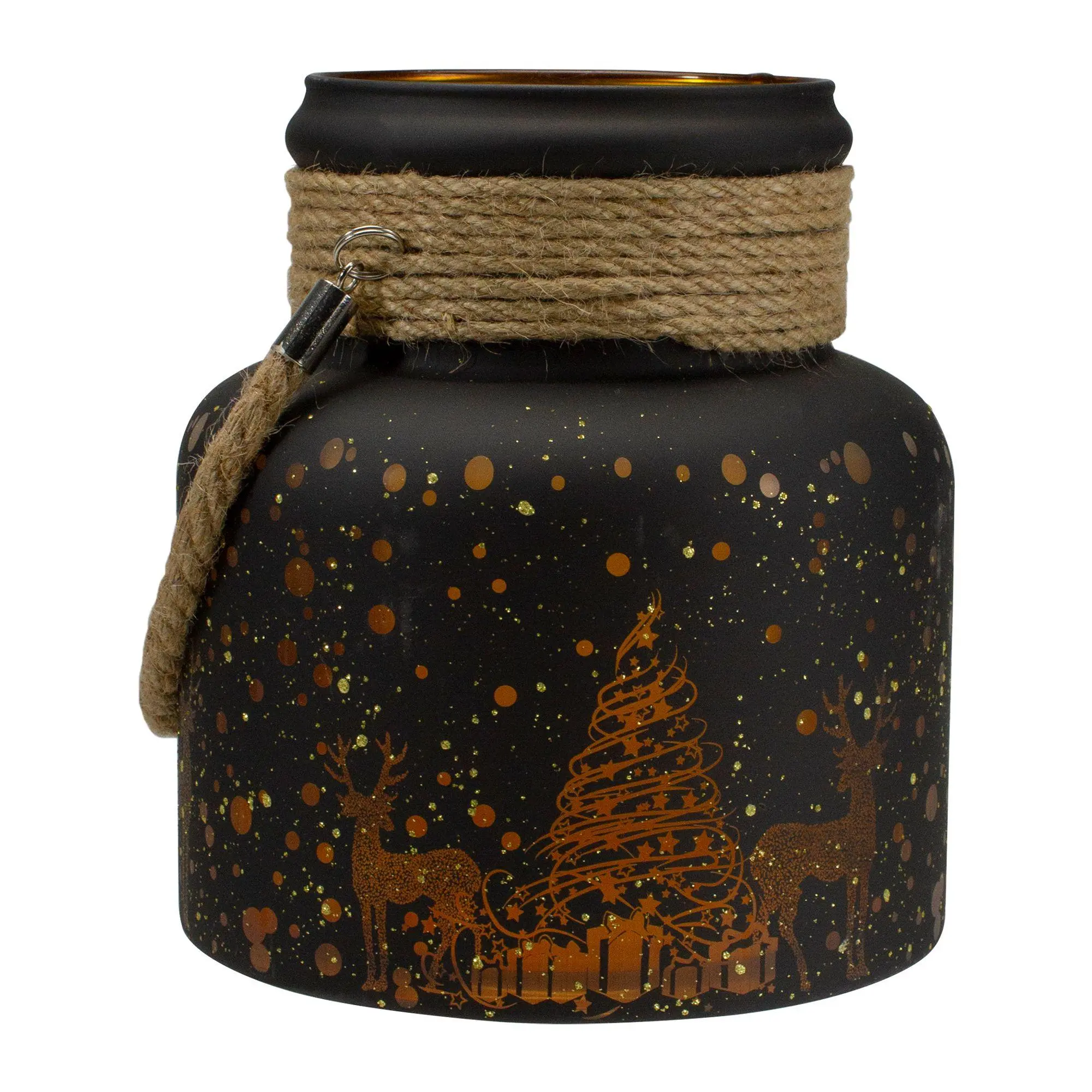 Northlight 8" Gold Deer & Pine Trees Glass Candle Lantern