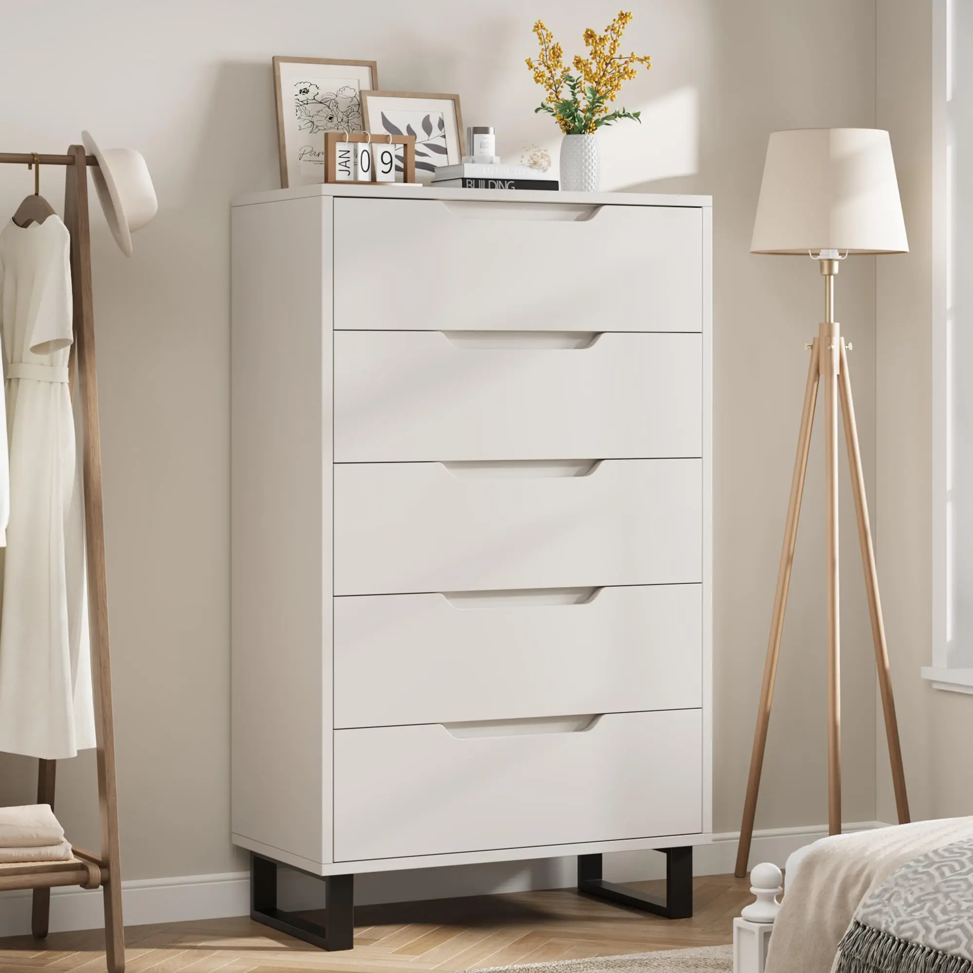 【GARVEE】5 Dresser for Bedroom, 51" Tall Dresser, Freestanding Vertical Drawer Dresser with Storage, Wooden Closet Dresser Storage Dresser Chest for Living Room, Hallway, Entryway, White