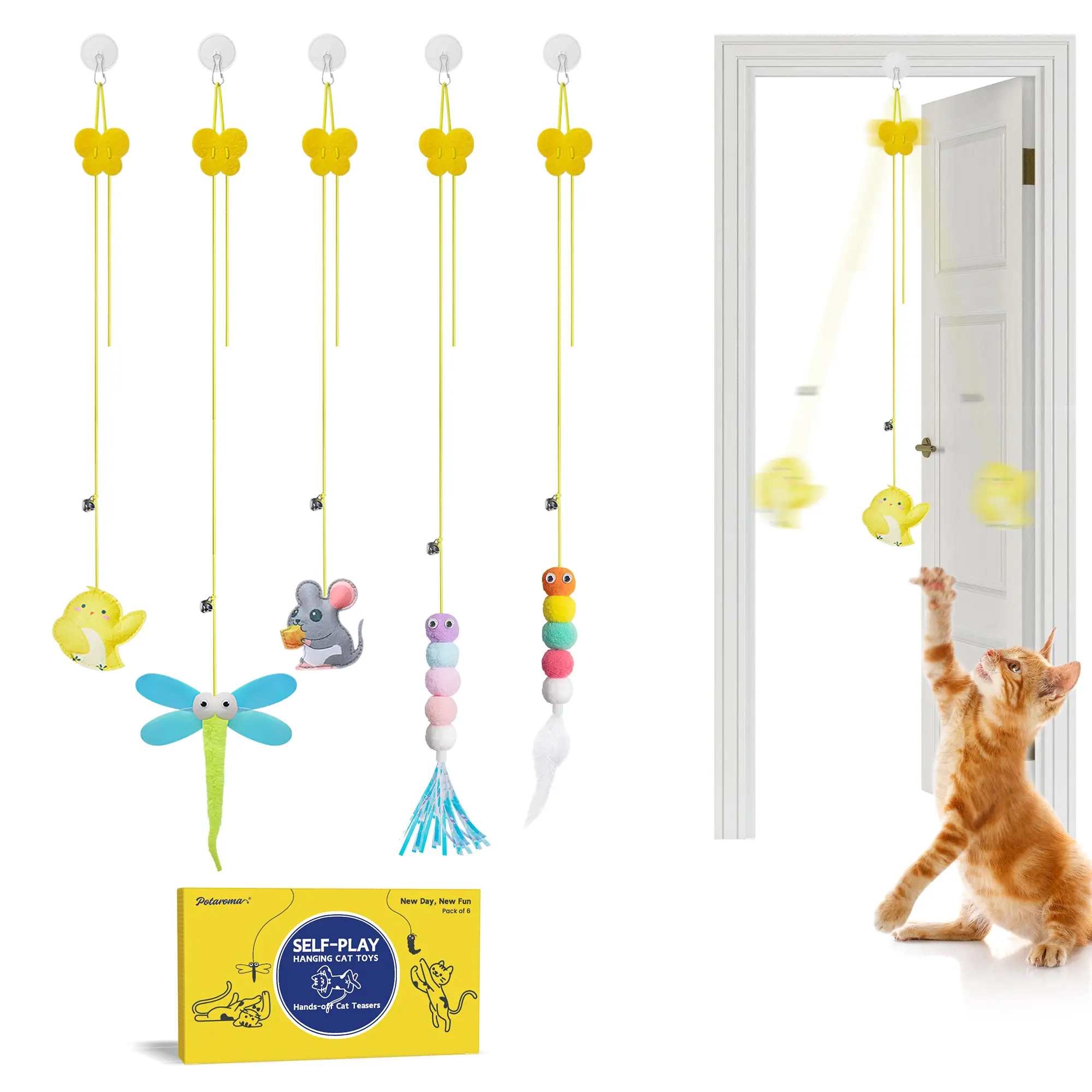 Potaroma Interactive Cat Feather Toys 5 Pcs, Cat Teaser Retractable, Hanging Cat Toys Indoor Kitten Play Chase Exercise, Mental Physical Stimulation #SummerVibes #petlovers