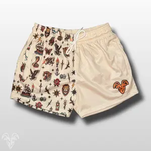 Goat Strength Half Traditional Tattoo Half Cream Shorts - 5 Inch Inseam, Breathable Elastic Workout Gym Shorts - Zipper Pockets outfits workout fit