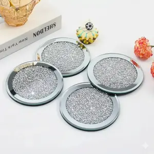 Crushed Diamond Crystal Glass Mirrored Round Coasters Set of 4 Glittering Bling Silver TRENDZY  Drink Wine Coasters for Home Kitchen Bar & Restaurant Home Decor Birthday Wedding (Round)