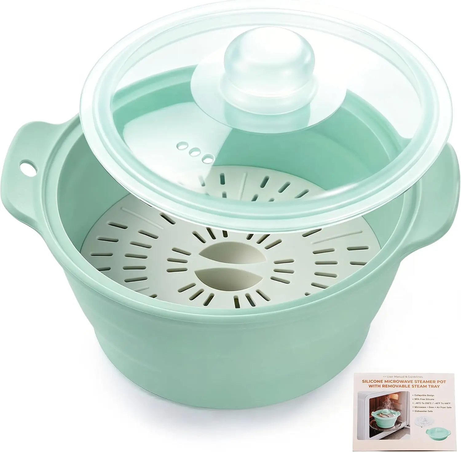 Sturdy Silicone Microwave Steamer - 42oz Collapsible BPA-Free Kitchen Cookware with Removable Steam Rack, Dishwasher Safe for Fresh Dumplings, Prep Meals