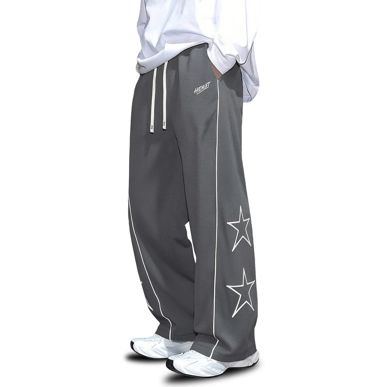 Men’s star print wide-leg track pants, drawstring streetwear sweatpants with contrast stitching, casual loose athletic bottoms for everyday wear