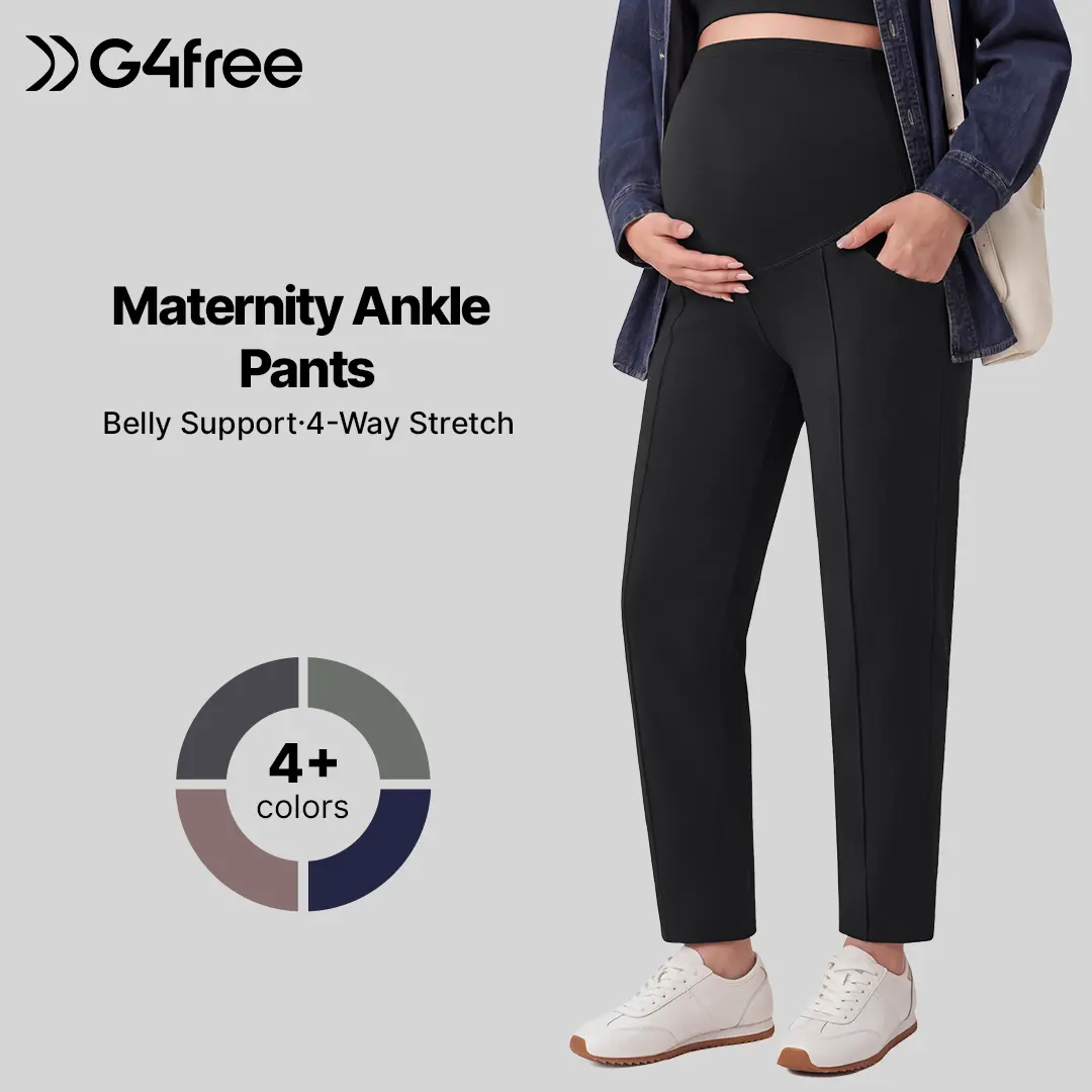 G4Free EverGoing Women's Maternity Tapered Ankle Pants with Pockets, Over-The-Belly, 25"-27"-29" Inseam - Work & Casual Trousers