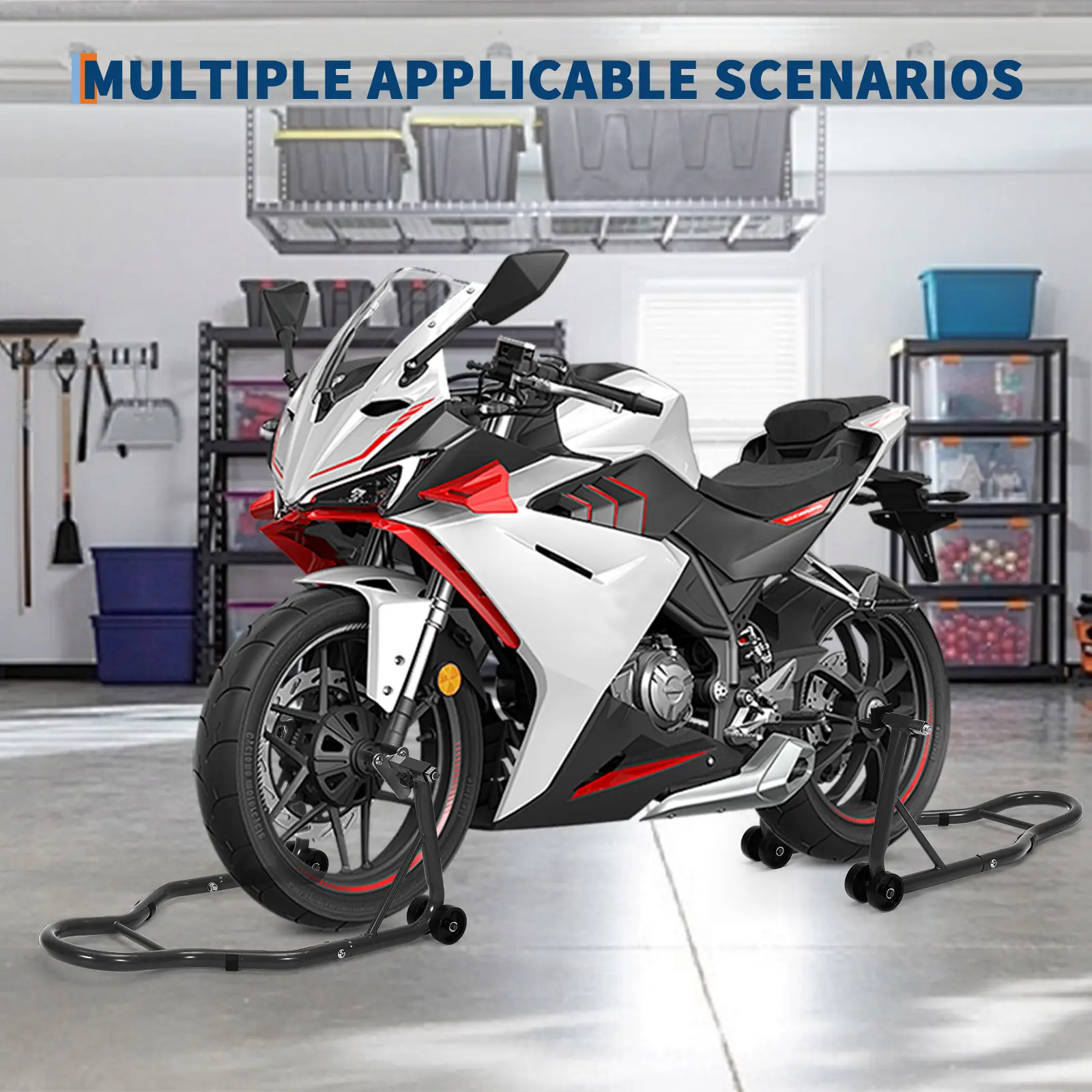 Heavy Duty Motorcycle Stand Set 900 lbs Capacity, Universal Adjustable Front and Rear Paddock Lift with U and L Spool Adapters, for Bike Maintenance and Cleaning, Fits Most Motorcycles