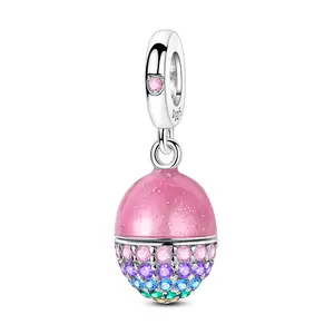 MULA S925 Silver-plated fun paw print egg charm, Easter egg shape, with pink oil drop glossy design, compatible with Pandora bracelets and necklaces, a great choice for holiday gifts