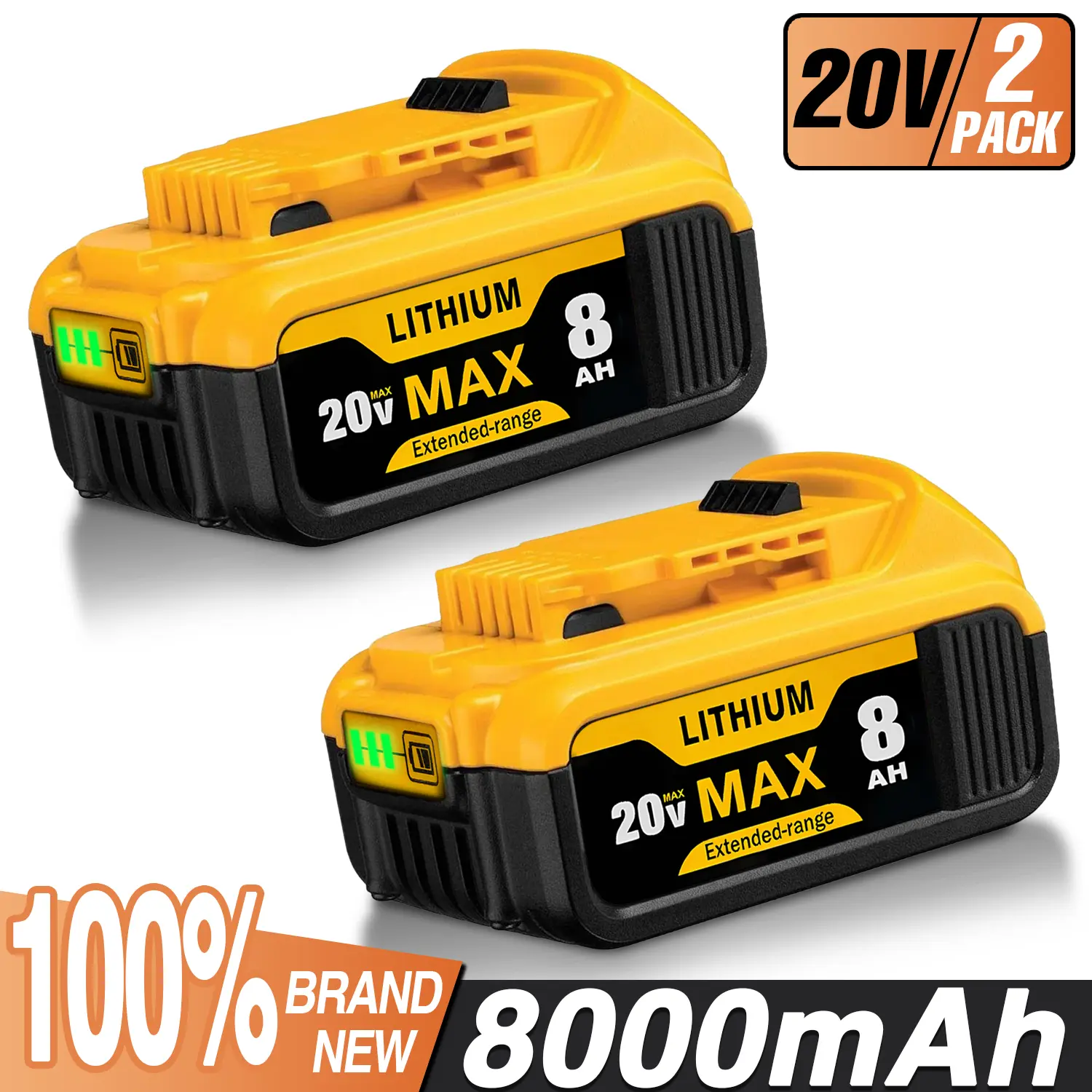 2-Pack DCB200 20V Lithium-ion Replacement Battery Pack, 8.0Ah High-Capacity Version. Compatible with DeWalt 20V Max DCD/DCF/DCG Series Cordless Tools, Replacement Battery Compatible with DCB205, DCB206, DCB210, DCB200, DCB203 Cordless Power Tools